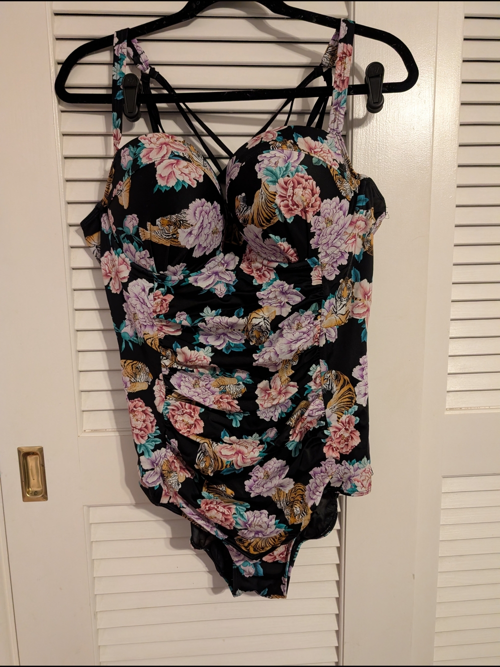 Floral Strappy One-Piece Swimsuit - Black with Pink & Teal Flowers And Tigers